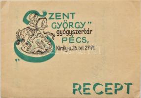 1937 Pécs, Szent György Gyógyszertár recept borítékja, benne Gruber Béla pécsio orvos receptjével.