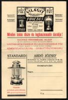 cca 1927-29 Bp., Ardó József műszaki nagykereskedő kihajtható illusztrált reklám prospektus és megrendelőlap, Phoebus és Standard tűzhely, petróleumlámpa, 8 p