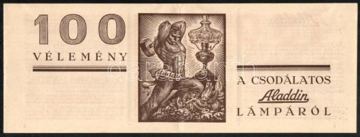 cca 1930-35 100 vélemény a csodálatos Aladin lámpáról, art deco kihajtható illusztrált reklám prospektus, Pál jelzéssel a borító grafikáján, hajtásnyommal kissé foltos