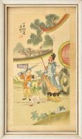 cca 1950 Kínai illusztráció, kézzel színezett fametszet, üvegezett fa keretben, 30,5x15,5 cm
