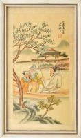 cca 1950 Kínai illusztráció, kézzel színezett fametszet, üvegezett fa keretben, 30,5x15,5 cm