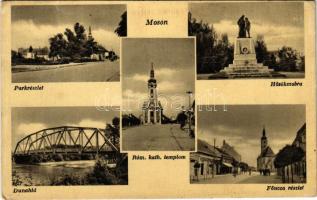 1943 Moson, park, Duna híd, Hősök szobra, Római katolikus templom, Fő utca (EK)