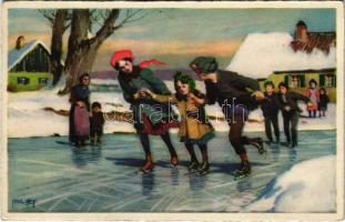 Korcsolyázás télen / Winter sport, ice skating. Meissner & Buch Serie Nr. 3415. s: Paul Hey (EK)