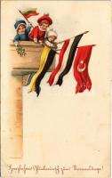 1916 Herzlichen Glückwunsch zum Namenstage! / Központi hatalmak zászlói, első világháborús propaganda / WWI military propaganda, flags of the Central Powers. litho s: F. Kaskehne (EK)