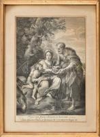 Carlo Maratta (Maratti) (1625-1713) festménye után, Jacob Frey (1681-1752) metszése: Flores mei fructus honoris et honestatis Sanctissimo Patri, et Domino D. Clementi Papae XI. (vallási témájú jelenet). Rézmetszet, papír, XVIII. sz. első fele. Paszpartuban, üvegezett fa keretben, az üvegen töréssel, 42x28,5 cm