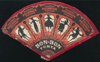 cca 1920 Pischinger Oszkár bon-bon torta. legyező formájú illusztrált reklám, karton, kissé sérült, 9x14,5 cm