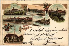 1900 Győr, Pannonhalma, Rába híd, Mária szobor, Püspökvár. Zechmesiter Andor kiadása. Art Nouveau, floral, litho (r)