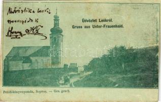 1899 (Vorläufer) Lók, Frauenhaid, Unterfrauenhaid; Kirche / templom / church (ferdén vágva / slant cut)