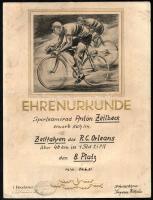 1951 München, kerékpáros verseny oklevél, R. C. Orleans egyesület, sokszorosított illusztrációval, német nyelven, foltos, 24x32 cm