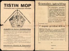 cca 1930 Tistin Mop padló- és bútortisztító, kétoldalas reklámlap, kisebb szakadásokkal + Gramofon igénylőlap, kitöltetlen