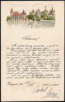 1896 Bp., az Ezredéves (Millenniumi) Kiállításról küldött, nyomtatott üdvözlő levél, színes litográfiával illusztrálva, jó állapotban