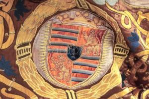 Fortuna étterem falikárpitja. Mátyás kódex részletével. cca. 1957. Hímzett kárpit. 200x300 cm. Felir...