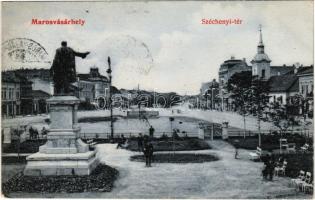 1908 Marosvásárhely, Targu Mures; Széchenyi tér, Bem szobor, üzletek. Hirsch Mór kiadása / square, statue, monument, shops (EK)