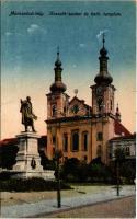 1918 Marosvásárhely, Targu Mures; Kossuth szobor és katolikus templom. Révész Béla kiadása / statue, monument, Catholic church (kis szakadás / small tear)