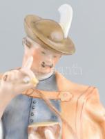Herendi porcelán kutyáját etető juhász figura, kézzel festett, jelzett (Maugsch 1942), restaurált, m...