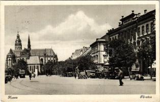 1941 Kassa, Kosice; Fő utca, székesegyház, Schalk-ház szálloda, villamos, automobilok / main street, cathedral, hotel, tram, automobiles (EK)
