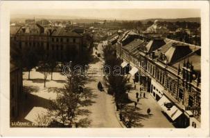 1935 Losonc, Lucenec; látkép, zsinagóga, üzletek / general view, synagogue, shops (ragasztónyom / glue marks)