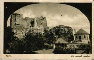 1944 Léva, Levice; Ősi vár romjai. Hajdú foto / Levicky hrad / castle ruins + M. KIR. MOZGÓPOSTA 108 vasúti mozgóposta bélyegző (EK)