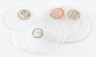 7 db svájci zsebóra, karóra üveg, különféle méretben, részben etikettel jelzettek, d: 30 - 45 mm