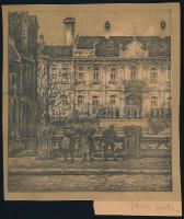 Kron Jenő (1882-1974): Városi jelenet. Litográfia, papír, jelzett, körbevágott, 15x14 cm