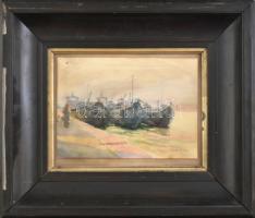 Juhászné Ráth Olga (1891-1969): Hajók. Akvarell, papír, üvegezett fakeretben. 17x24cm