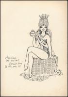 Komádi István (?-): Miss OTP (erotikus karikatúra), 1972. Tus, papír. Jelezve jobbra lent. Komádi István autográf ajándékozási soraival. 30x21 cm