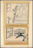 Sándor Károly (1915-1960), 2 db karikatúra: Szobrász műteremben és kiállításon. Tus, ceruza, karton. Mindkettő jelzett. Egy papírlapra kasírozva, ragasztószalaggal való rögzítés nyomaival. 14x16 és 11,5x15 cm