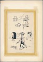 Egri László (1910-1974): Megbecsülés (karikatúra). Tus, ceruza, karton. Jelzett. Ragasztószalaggal papírra rögzítve. 21x14,5 cm