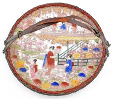 Kínai porcelán tál, bambusszal fonva, jelzett, kopásokkal, d: 27 cm