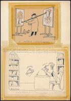 Kaján Tibor (1921-2016) és Kallus László (1924-1998), 2 db karikatúra egy lapon: A széria, festőművész és Rodolfo bűvészkönyve. Tus, papír. Mindkettő jelzett. Ragasztószalaggal papírra rögzítve. 12x14 és 15x19 cm
