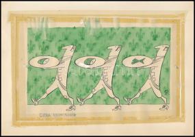 R jelzéssel, magyar grafikus, XX. sz. második fele: Cifra nyomorúság (karikatúra). Tus, akvarell, papír. Papírra kasírozva, ragasztószalaggal rögzítve. 16x25 cm