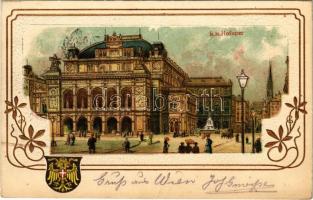 1903 Wien, Vienna, Bécs; K.k. Hofoper / operahouse, coat of arms. Art Nouveau, floral, Emb. litho (EK)