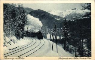 1927 Semmering, Bahnpartie mit Kalter Rinne u. Rax im Winter / railway line in winter, locomotive, train (EK)