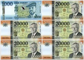 2018. Soros pénz 1000Ft + 20.000Ft (5x) fantázia bankjegy T:I