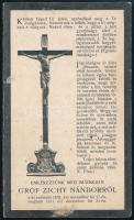 cca 1912 Gróf zicsi és vázsonykői Zichy Nándor (1829-1911) politikus, a Katolikus Néppárt alapítójának halálának megemlékező nyomtatványa, kissé foltos, 12x7 cm