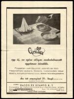 cca 1940 Grillux villamos gyorstűzhely, kétoldalas reklám szórólap, hajtásnyomokkal, kisebb szakadásokkal, 31x23,5 cm