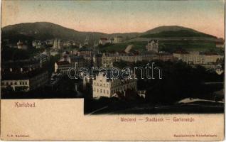 1904 Karlovy Vary, Karlsbad; Westend - Stadtpark - Gartenzeile. Handcolorirte Künstlerkarte (EK)