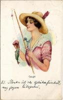 1917 Caught Lady art postcard, fishing. WSSB 4726. (EB)
