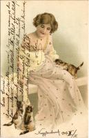 1907 Lady art postcard, cats. litho