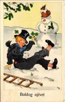 1949 Boldog Újévet! / New Year greeting art postcard, chimney sweeper and snowman s: A. B. (EK)
