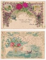 4 db RÉGI hosszú címzéses dombornyomott litho üdvözlő motívum képeslap / 4 pre-1905 embossed litho greeting motive postcards