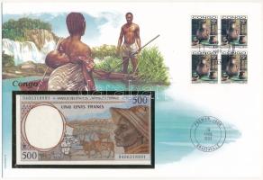 Közép-Afrika / Kongó bankjegyes pecsételt és bélyeges boríték benne Kamerun 1993-2002. 500Fr T:I  Central Africa / Congo sealed envelope with stamp and cancellation, in it Cameroon 1993-2002. 500 Francs C:UNC