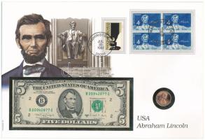 Amerikai Egyesült Államok 1989-1993 5$ bankjegy + 1990 1c Lincoln érme felbélyegzett borítékban, bélyegzéssel T:I USA 1989-1993. 5 Dollar + 1990 1 cent Lincoln coin in envelope with stamp and cancellation C:UNC