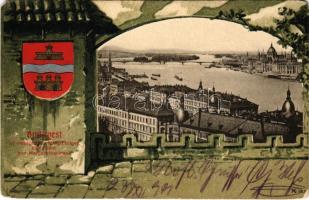 1901 Budapest, Új országház és a Margitsziget Budáról nézve. Szecessziós, címeres litho keret, Art Nouveau (EB)