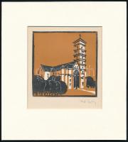 Kós Károly (1883-1977): Templom. Linómetszet, papír, jelzett a dúcon, kartonra kasírozva, körbevágott, 11x11 cm