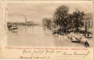 1899 (Vorläufer) Budapest III. Óbudai hajógyár részlete, Tachtalia kerekes személyszállító gőzhajó, DDSG 208-as számú uszály, Divald Károly 134. sz.