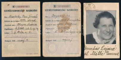 1945 3 db személyazonossági igazolvány, egyik orosz nyelven, széle levágva