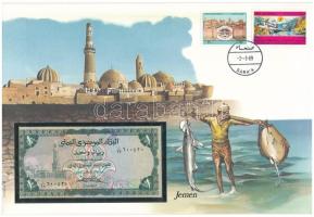 Jemen 1973. 1R borítékban, alkalmi bélyeggel és bélyegzéssel T:I  Yemen 1973. 1 Rial in envelope with stamps and cancellations C:UNC