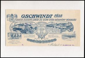 1919 Gschwindt-féle szesz, likőr, rum gyár rt. fejléces számlájának fejléces kartonra ragasztva