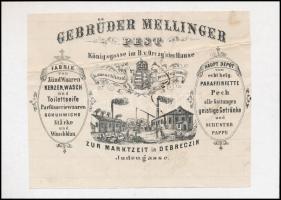 cca 1860 Gebrüder Mellinger - Illatszerek, parfümök, szappanok, stb. árusítása Pesten és Debrecenben számla fejléces kartonra ragasztva